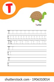 Letter T with a picture of turtle and seven lines of letter T writing practice. Handwriting practice and alphabet learning. Vector illustration.