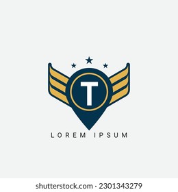 Letter T Pin and wings initial shield with wings logo design