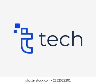 Letter T Pixel Digital Technology Innovation Modern Simple Line Art Linear Vector Logo Design