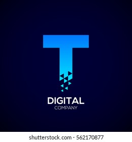 Letter T Pixel logo, Triangle, Blue color, Technology and digital logotype