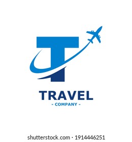 letter T with plane and airline logo vector template. Suitable for travel label, tourism, journey posters, flight company advertising, airways identity, and tech transportation