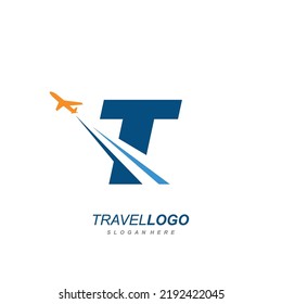 letter T with plane logo vector template. logo for travel label, tourism, journey posters, airways identity, and tech transportation