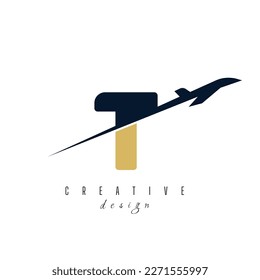 letter T with plane logo vector template. logo for travel label, tourism, journey posters, airways identity, and tech transportation