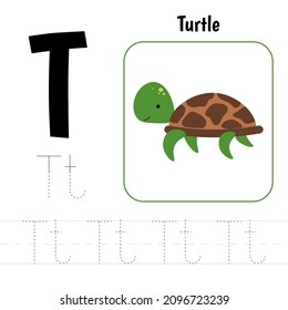 Letter T prescription. Kids sheet  for the development and education.  How to write letter from alphabet Vector illustration.