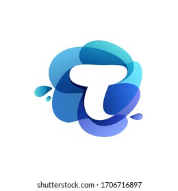 Letter T pure water logo. Swirling overlapping shape with splashing drops. Vector icon perfect for eco identity, marine posters and cleaning labels, etc.