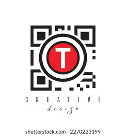 Letter T with QR Code and Barcode Logo Design. Circle Rounded Logo on White Background