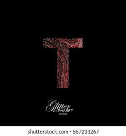 Letter T of red and silver glitters. Typographic vector element for design. Part of curly textured alphabet with shiny paillettes. Letter T with diffusion glitter swirly pattern. Vector illustration