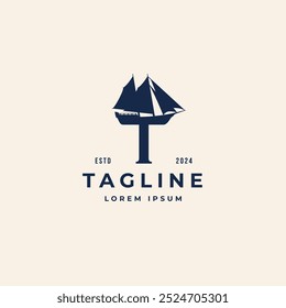 Letter T with sail ship logo vector icon illustration