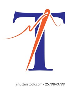 Letter T Sewing Needle Logo Design for Embroider, Textile, Fashion, Cloth, Fabric Symbol