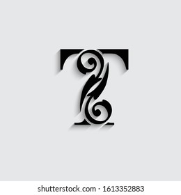 letter T with shadow. Black alphabet.  Beautiful flower  capital letters