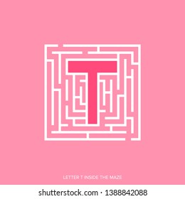 Letter T shape Maze Labyrinth, maze with one way to entrance and one way to exit. Flat design, vector illustration.