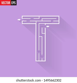 Letter T shape Maze Labyrinth, maze with one way to entrance and one way to exit. Flat design, vector illustration.