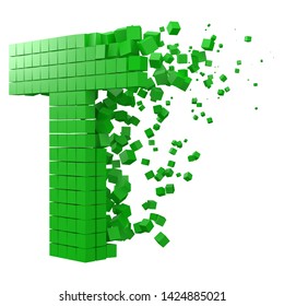 letter T shaped data block. version with green cubes. 3d pixel style vector illustration. suitable for blockchain, technology, computer and abstract themes.