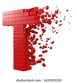 letter T shaped data block. version with red cubes. 3d pixel style vector illustration. suitable for blockchain, technology, computer and abstract themes.