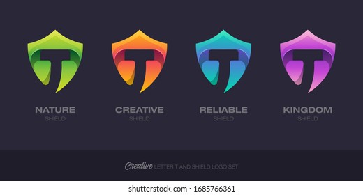 Letter t shield logo set. Creative colorful letter t and shield logo