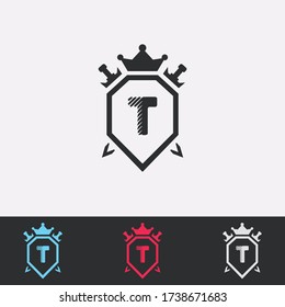 Carta T Escudo, Espada, Corona -Logotipo abstracto - Diseño del vector
