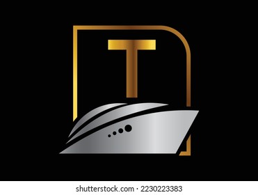 Letter T with the ship, cruise, or boat logo design template, icon sign symbol ocean waves vector illustration.