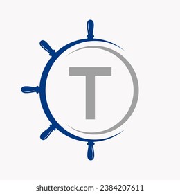 Letter T Ship Logo Concept With Ship Wheel Symbol Vector Template