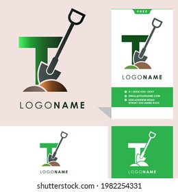 Letter T Shovel Logo Design Vector Graphic Icon Emblem Illustration.