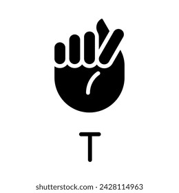 Letter T sign in ASL black glyph icon. Words building process. Communication modality. Nonverbal system. Silhouette symbol on white space. Solid pictogram. Vector isolated illustration