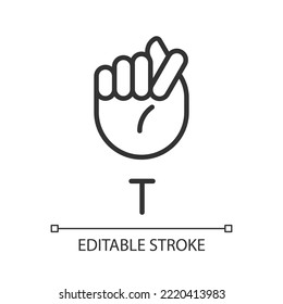 Letter T Sign In ASL Pixel Perfect Linear Icon. Words Building. Communication Modality. Thin Line Illustration. Contour Symbol. Vector Outline Drawing. Editable Stroke. Arial Font Used