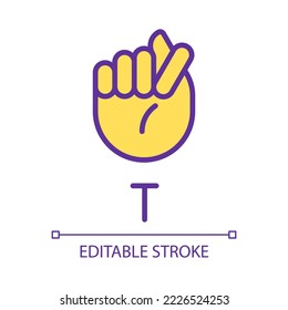Letter T sign in ASL pixel perfect RGB color icon. Words building. Communication modality. Isolated vector illustration. Simple filled line drawing. Editable stroke. Arial font used