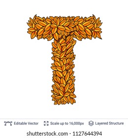 Letter T sign of autumn leaves. Fall bright orange leaves element. 