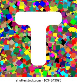 Letter T sign design template element. Vector. White icon on colorful background with seamless pattern from squares.