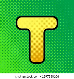 Letter T sign design template element. Vector. Pop art orange to yellow dots-gradient icon with black contour at greenish background.