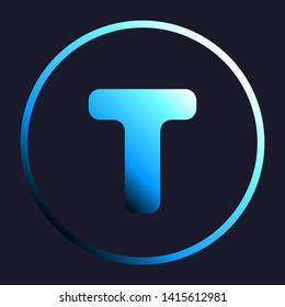 Letter T sign design template element. White, cyan and blue gradient icon as round button in white shell at dark blue background. Illustration.