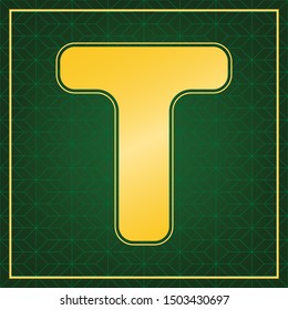Letter T sign design template element. Golden icon with gold contour at dark green gridded background. Illustration.