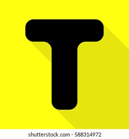 Letter T sign design template element. Black icon with flat style shadow path on yellow background.