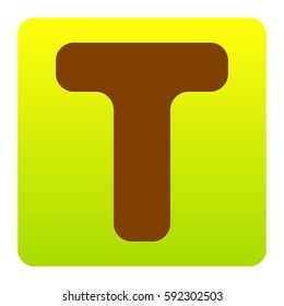 Letter T sign design template element. Vector. Brown icon at green-yellow gradient square with rounded corners on white background. Isolated.