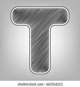 Letter T sign design template element. Vector. Pencil sketch imitation. Dark gray scribble icon with dark gray outer contour at gray background.