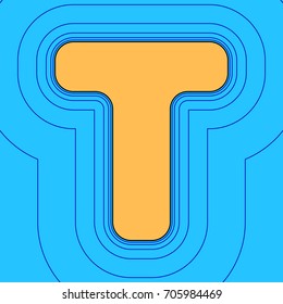 Letter T sign design template element. Vector. Sand color icon with black contour and equidistant blue contours like field at sky blue background. Like waves on map - island in ocean or sea.