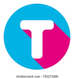 Letter T sign design template element. Vector. Flat white icon with mexican pink shadow inside sky blue(S and G) circle at white background. Isolated. Trend colors in 2017.