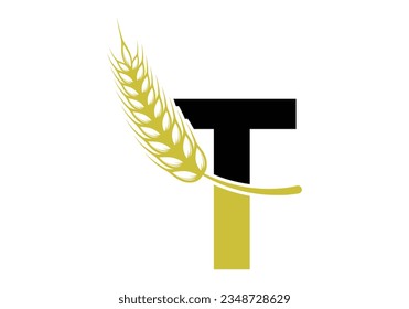 letter T sign symbol with wheat ears wreath. Agriculture Logo Farming Template Vector Symbol