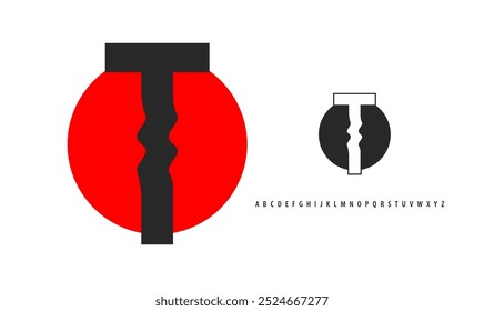 Letter T silhouette on red sun, twisting alphabet. Japanese logo for sushi roll restaurant logo, asian cultural event logotype. Vector logo and typeset