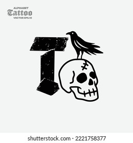 The letter T with a skull head on it has a black crow, black and white style