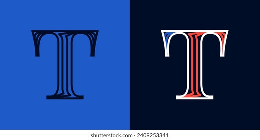 Letter T sport logo. Blue and red lines font. Patriotic emblem for Independence or Veterans Day. Serif type for college baseball team, basketball uniform, vintage style headlines, motorcycle magazine.