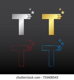 Letter T Star logotype with Metallic texture, Metal Glossy, Gold and Silver, Steel, Beautiful Luxury, Fashion, Jewelry, Beauty Salon, Cosmetics, Magic Logo for your Corporate identity
