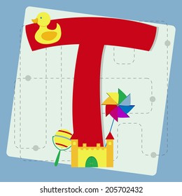 Letter "t" from stylized alphabet with children's: rattle, toy castle, rubber ducky, pinwheel
