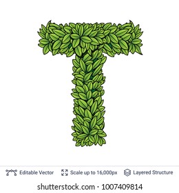 Letter T symbol of green leaves. Clean shape isolated on white. Vector icon easy to edit.