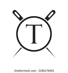 Letter T Tailor Logo, Needle and Thread Combination for Embroider, Textile, Fashion, Cloth, Fabric Template