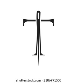 Letter T Tailor Logo, Needle and Thread Combination for Embroider, Textile, Fashion, Cloth, Fabric Template