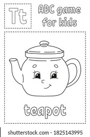 Letter T is for teapot. ABC game for kids. Alphabet coloring page. Cartoon character. Word and letter. Vector illustration.