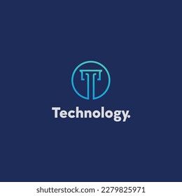 Letter T technology line art circle logo design icon vector