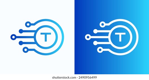 Letter T technology logo with circle and circuit board lines for digital, data, connection in blue gradient color