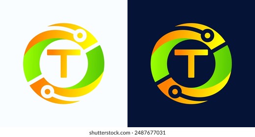 Letter T technology logo with circles and circuit board lines with letter T inside for digital, data, connection in green and orange gradient colors