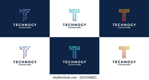 letter T technology logo design initial letter combination with data, pixel, for technology